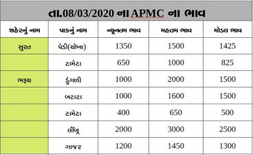 Gujarat All APMC Latest rates of 8 March 2020 Gujarat ni badhij APMC na Mandi rates