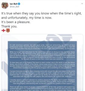 Ian Bell announces retirement by tweeting